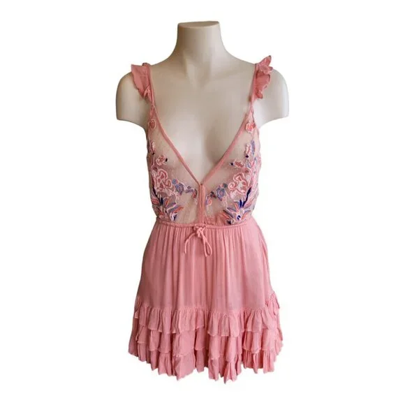 Romantic Pink Anthropologie Cleobella Lace Tiered Mini Dress XS Blush Chic Boho - Picture 10 of 10